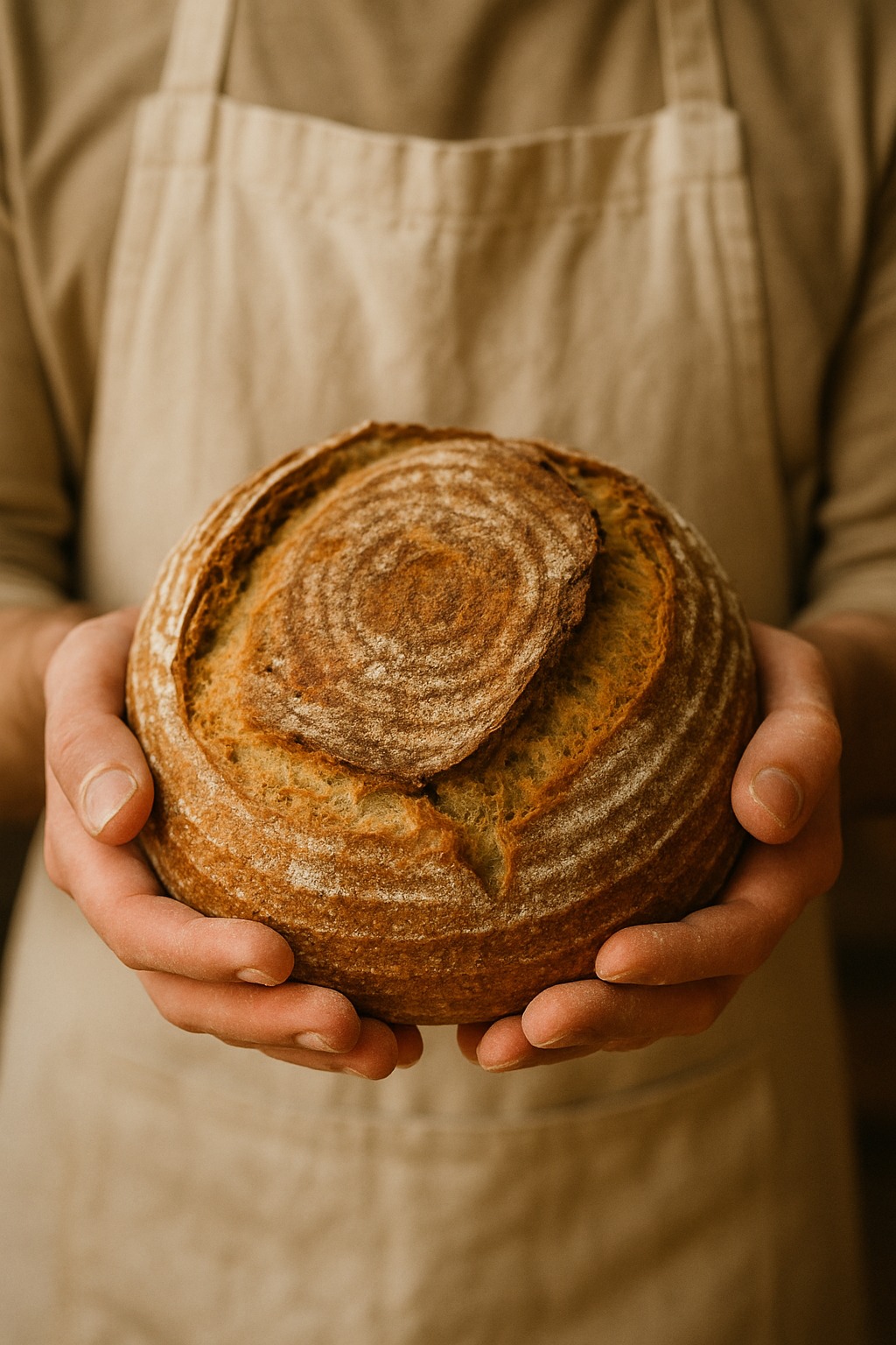 Fresh loaf held in flour-dusted hands